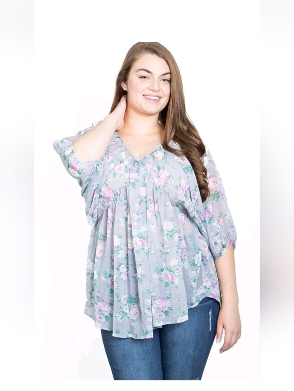 Lovely J Women's Plus Size 1XL Grey Floral Top Semi Sheer Blouse Fairycore